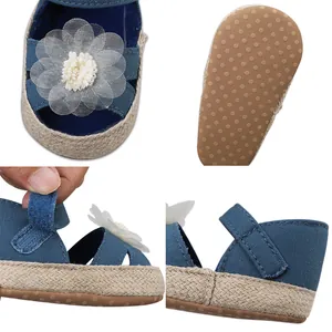 Detalle de zapatos de bebé azules con flor de encaje y cierre de velcro suave