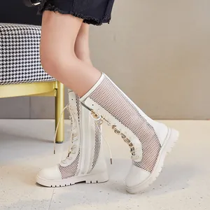 Weiße Mesh-Martin-Stiefel für Mädchen im Sommer, stylische hohe Schnürstiefel mit flacher Sohle