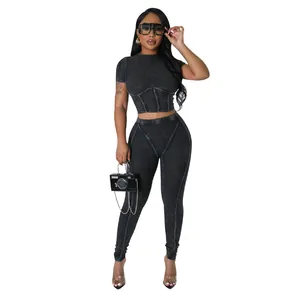 Sexy black ribbed two-piece women's sportswear set with round neck crop top and leggings