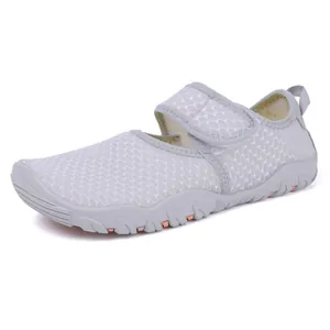 Lightweight gray mesh water shoes with non-slip sole and Velcro strap for women