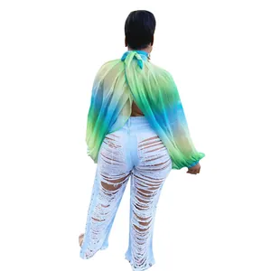 Vista posteriore dettagliata di una blusa in chiffon sfumata e jeans molto strappati.