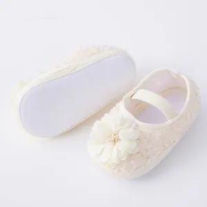 Close-up of cream soft sole baby walking shoes featuring floral detail and strap