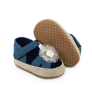 Detalle de zapatos de bebé azules con flor blanca y suela antideslizante.