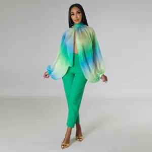 Dettaglio del top in chiffon a maniche a pipistrello con sfumatura verde e blu