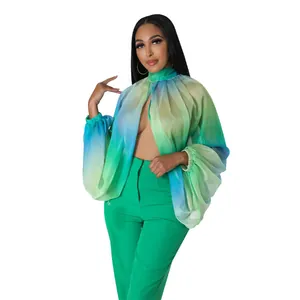 Dettaglio della texture in chiffon trasparente e vestibilità della blusa a sbuffo