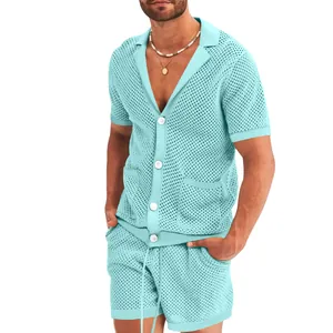 Conjunto de verano para hombre de punto de malla con cárdigan de manga corta y pantalones