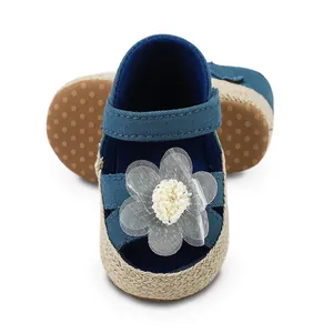 Detailaufnahme von blauen Baby-Prinzessin-Lauflernschuhen mit weißer Netzblumenverzierung