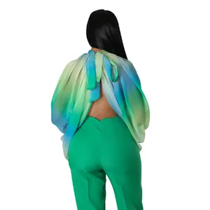 Vista posteriore dettagliata di una camicetta in chiffon sfumato verde e blu con fiocco sul retro