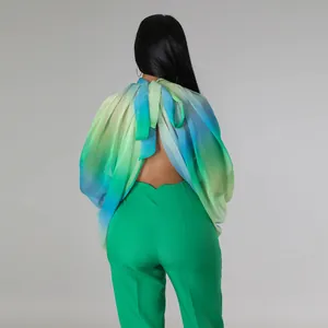 Vista posteriore di un top in chiffon sfumato verde e blu con laccio e maniche a pipistrello