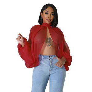 Elegante camicetta sexy in chiffon rosso trasparente con maniche a pipistrello e fiocco