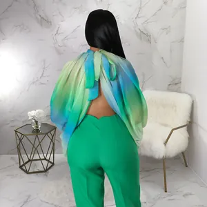 Dettaglio posteriore della blusa in chiffon sfumato verde e blu con fiocco oversize