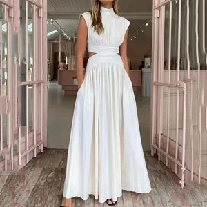 Elegant white sleeveless maxi dress with high neck and stylish waist cut-out details