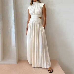 Women Summer Elegant Sleeveless Cut-out Maxi Dress High Neck Pleated Satin Dress Long Waistless Holiday Party Gown