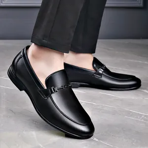 Premium black leather men's slip-on loafers for business formal wear and daily comfort