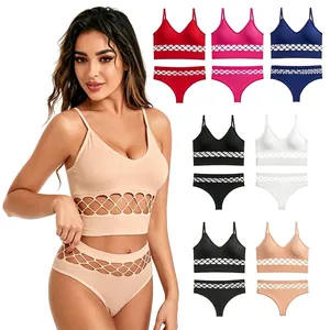 Ensemble Lingerie Femme Sexy Ajouré Sans Armatures Push Up Soutien-gorge de Sport et Culotte Respirant Nylon Sans Couture