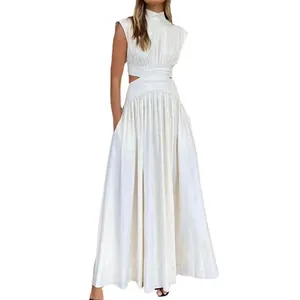 Elegant white sleeveless hollow-out high neck maxi dress for summer vacation and leisure