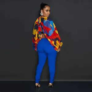 Vista dettagliata della blusa in chiffon a stampa colorata con maniche a pipistrello e lacci