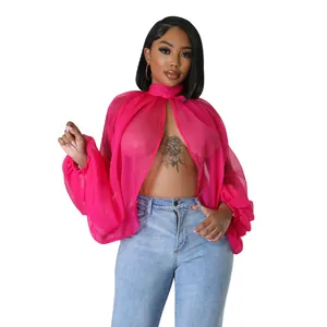 Vista dettagliata del top in chiffon rosa trasparente con lacci sullo scollo