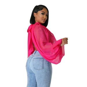 Dettaglio top in chiffon rosa trasparente con ampie maniche a lanterna e fiocco sul retro