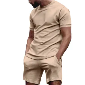 Men's summer 2-piece casual set with short sleeve t-shirt and shorts in beige khaki color.