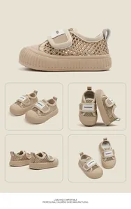 Sneaker primi passi in mesh kaki traspirante con chiusura a strappo e punta protettiva rinforzata.