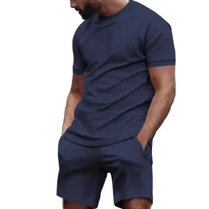 Close-up of navy blue men's short-sleeve t-shirt and matching sports shorts set