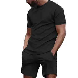 Detail view of men's casual black short sleeve t-shirt and shorts two-piece set