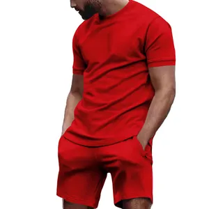 Men's red summer sports set with short-sleeve T-shirt and matching casual shorts