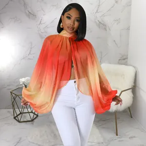 Blusa in chiffon sfumato arancione e giallo con eleganti maniche a pipistrello lunghe
