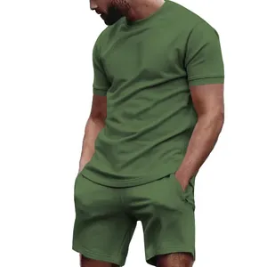 Men's olive green casual short sleeve T-shirt and shorts summer sports two-piece set