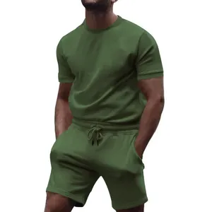 Men's army green summer tracksuit set with short sleeve t-shirt and drawstring shorts