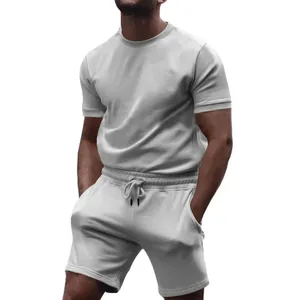 Detailed view of a men's casual light grey short sleeve T-shirt and matching shorts set
