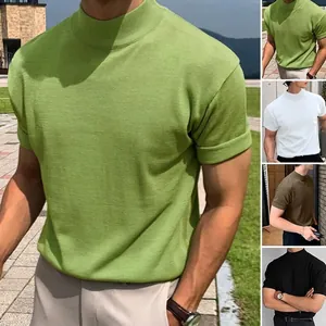 Close-up and color options for men's stylish mock neck short sleeve T-shirt in various shades.