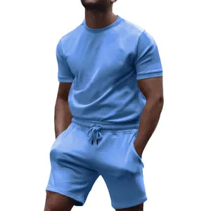 Light blue men's casual two-piece summer set including short sleeve T-shirt and shorts