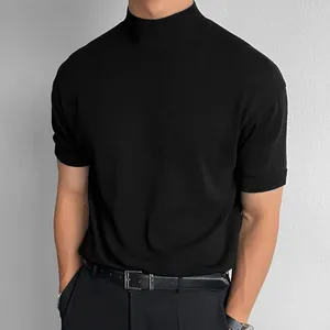 Detail of men's black mock neck short sleeve knit T-shirt with a slim fit design
