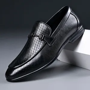 Classic men's black perforated leather loafers with breathable design and metal buckle