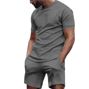 Close-up of men's casual two-piece grey t-shirt and shorts set for summer fitness