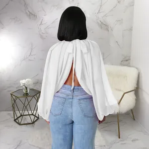 Vista posteriore dell'elegante camicetta in chiffon bianco con maniche a pipistrello