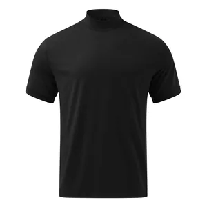 Detailed close-up view of a men's black mock neck short sleeve t-shirt with texture