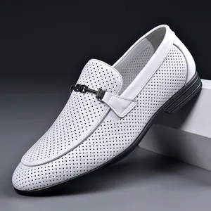 Men's premium white perforated leather loafers with metal buckle for business casual style