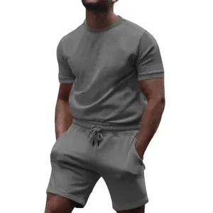 Detailed view of men's grey casual sports two-piece set with t-shirt and shorts