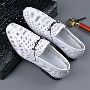 White leather breathable loafers with perforated design for men's business casual wear