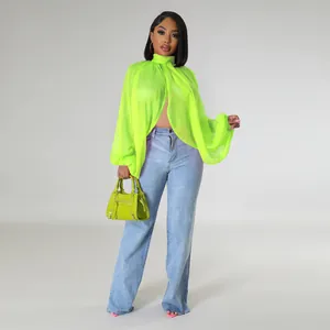 Elegante camicetta a mantella in chiffon verde neon con maniche a pipistrello e laccetti