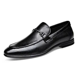 Classic black leather perforated loafers for men with breathable design and metal buckle