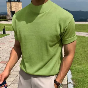 Detailed shot of a men's mock neck short sleeve T-shirt in vibrant lime green