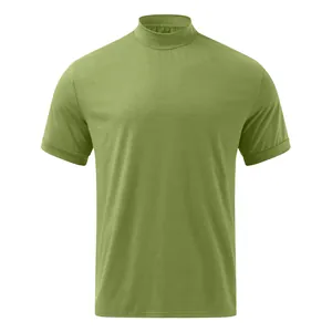 Detail showing the mock neck and olive green fabric texture of a men's short sleeve T-shirt.