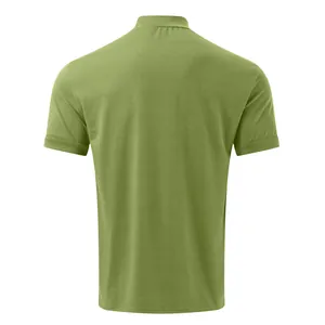 Back view of a men's olive green mock neck short sleeve t-shirt in solid color
