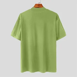 Back view of a men's stylish mock neck short sleeve t-shirt in solid lime green