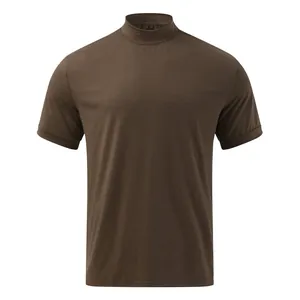Front view of a minimalist dark brown men's mock neck short sleeve t-shirt on white