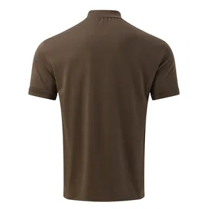 Detailed back view of a premium men's solid brown mock neck short sleeve cotton T-shirt